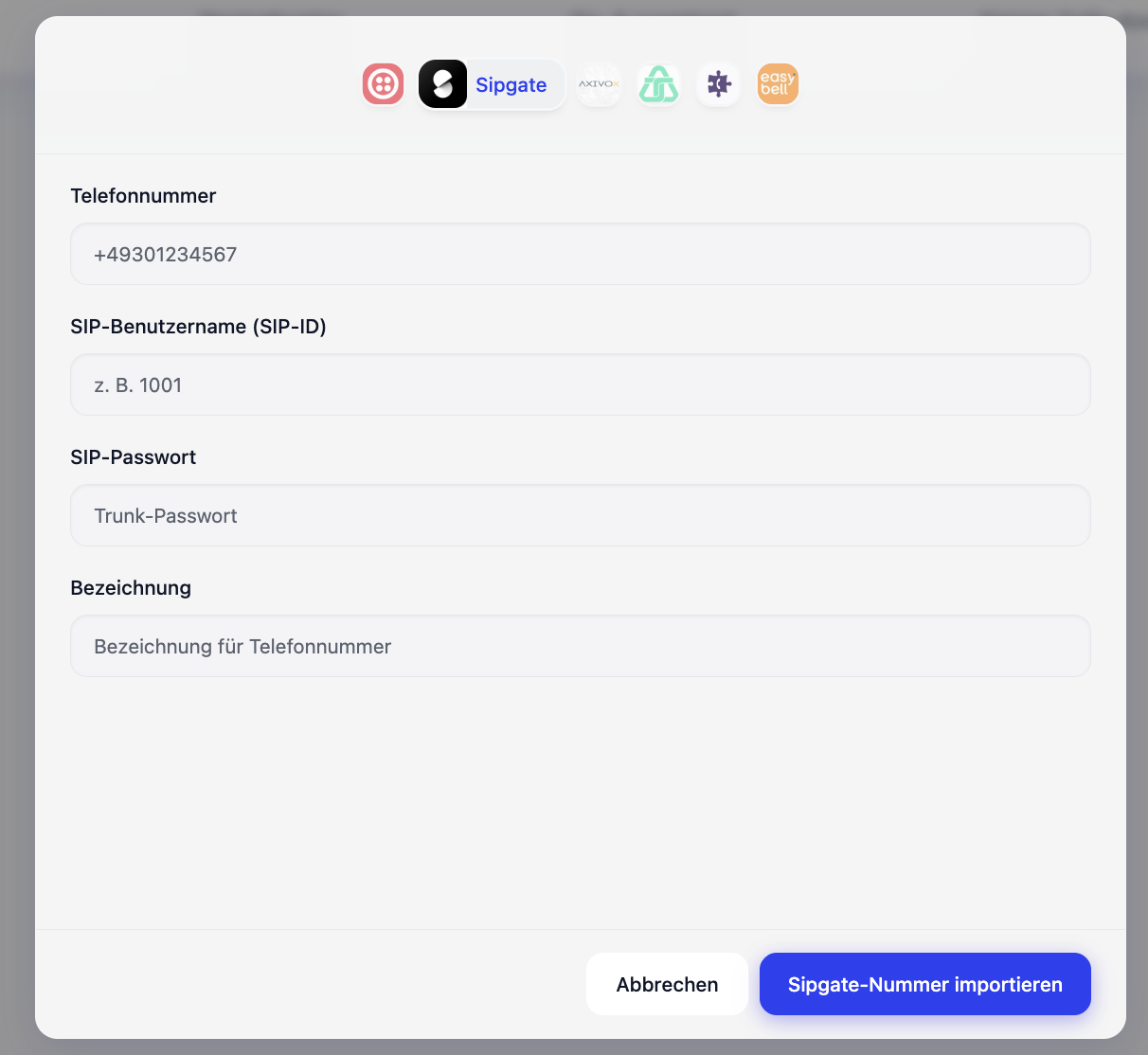 Sipgate-Integration in SalesFrank: eigene Nummer per SIP-ID und Trunk-Passwort importieren.