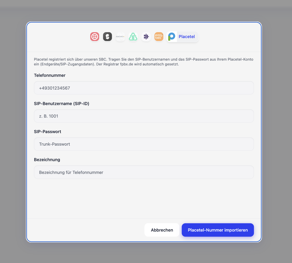 Placetel-Integration in SalesFrank: Nummer per SIP-Benutzername und SIP-Passwort importieren.