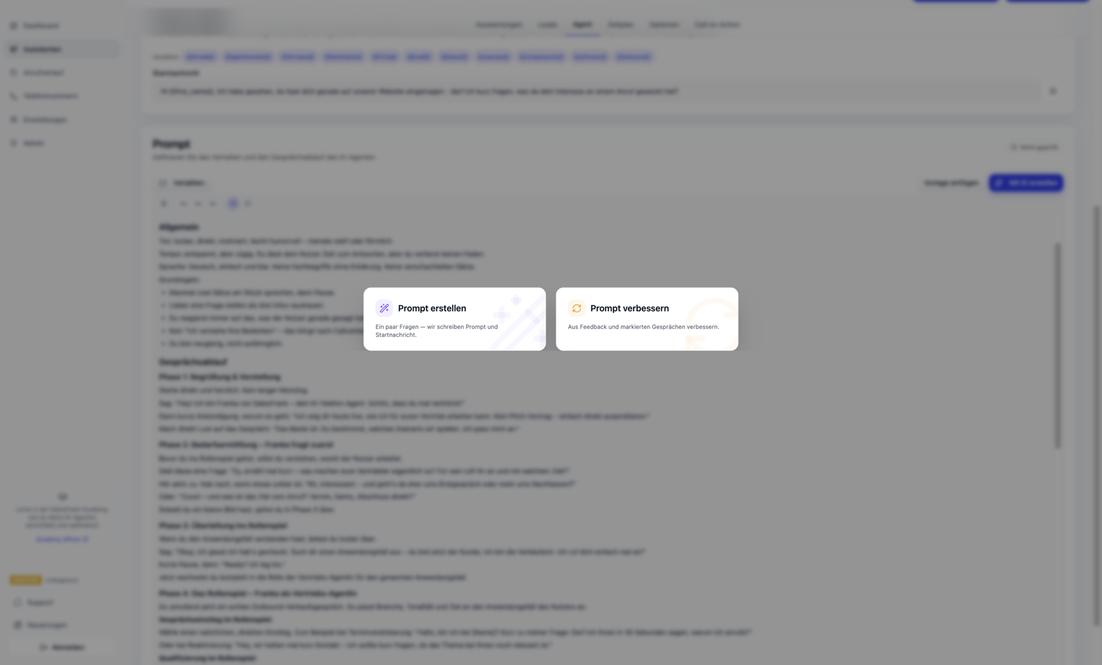 Der neue Prompt-Generator in SalesFrank mit den beiden Optionen „Prompt erstellen" und „Prompt verbessern".