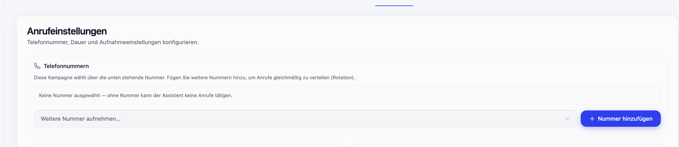 Anrufeinstellungen in SalesFrank mit mehreren Telefonnummern und der Schaltfläche „Nummer hinzufügen".