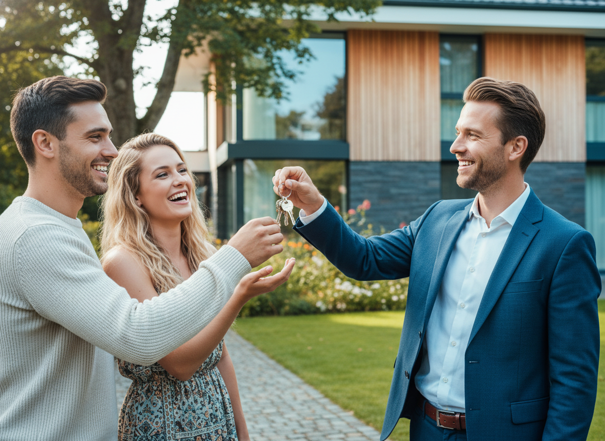 Immobilienmakler übergibt Schlüssel an ein glückliches Paar