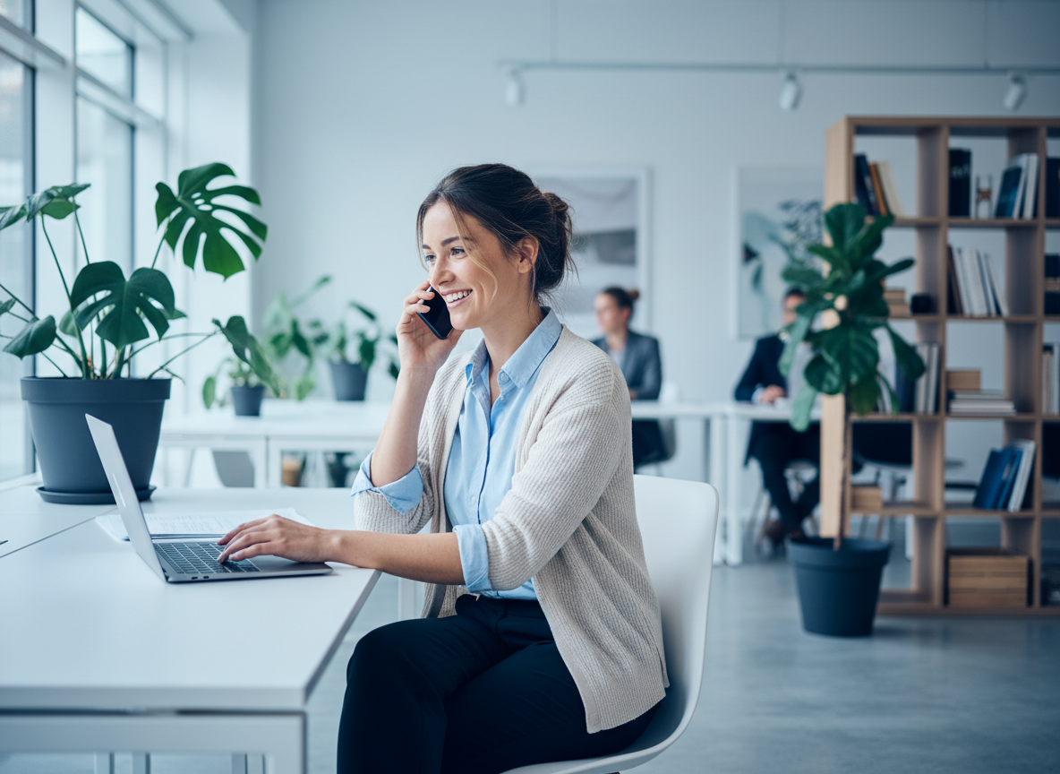 Recruiterin am Telefon mit Laptop in einem modernen Büro